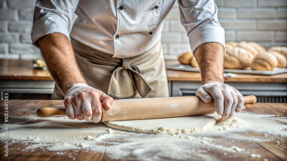 Baker Rolling Dough with Wooden Rolling Pin in Kitchen