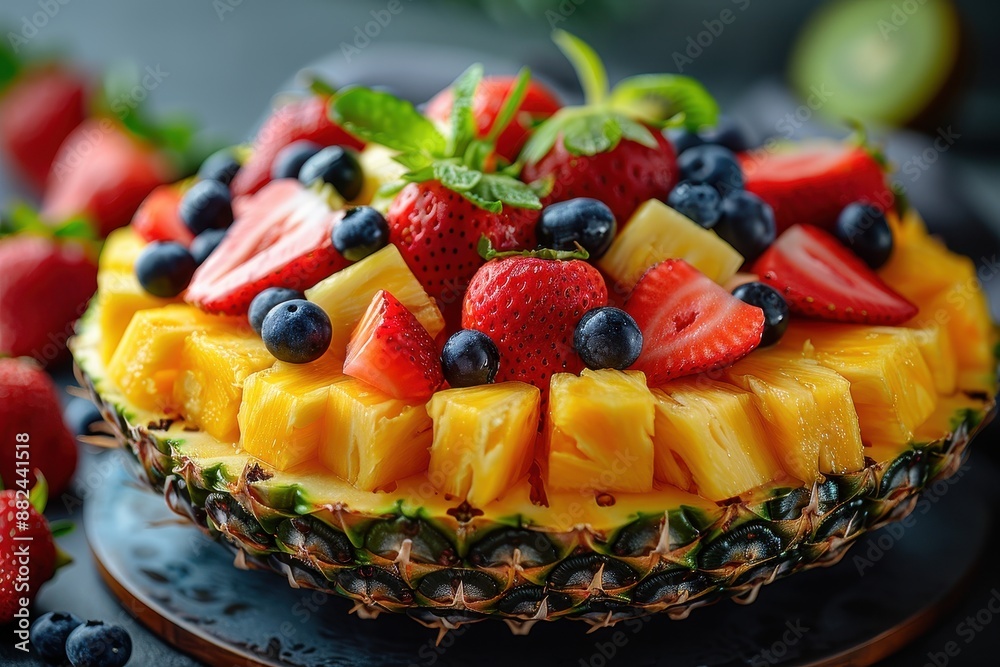 A vibrant fruit salad with diced melon, pineapple, kiwi, strawberries, and blueberries, served in a hollowed-out pineapple half. A vibrant fruit salad with diced melon, pineapple, kiwi, strawberries, and blueberries, served in a hollowed-out pineapple half.