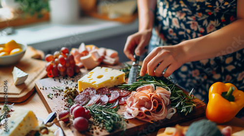 woman is setting up an attractive charcuterie board with various charcuterie items like cheese, ham, and fresh herbs on the table in her kitchen at home