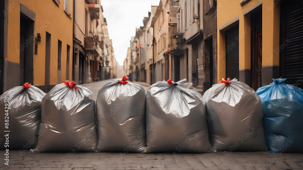 Several garbage bags lined up on a city street, Generative AI Several garbage bags lined up on a city street, Generative AI