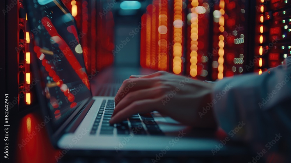 A person working on a laptop in a server room environment A person working on a laptop in a server room environment