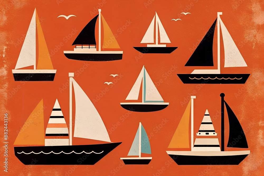 Illustrated set of various sailboats on an orange background in vintage retro pop style Illustrated set of various sailboats on an orange background in vintage retro pop style