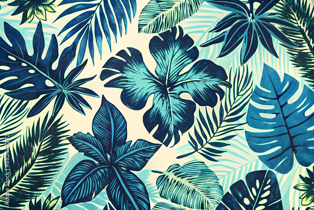 Fototapeta premium Bright background with tropical plants, flowers, tropical flora. Floral plant background