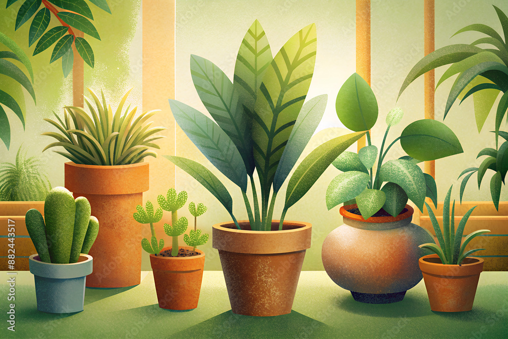 Obraz premium Illustration of a still life of various indoor plants in pots in natural daylight near the window...