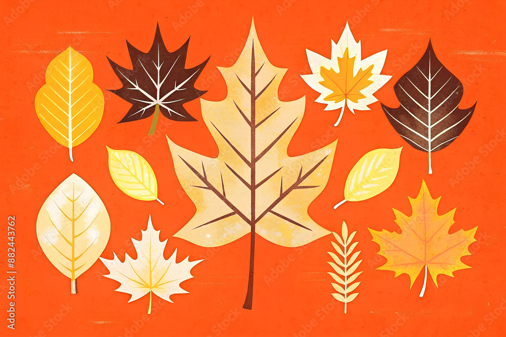 Set of autumn leaves on an orange background in vintage retro style Set of autumn leaves on an orange background in vintage retro style
