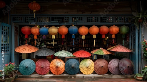 A store that sells colorful Chinese umbrellas and lanterns