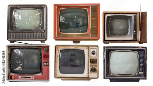 An assortment of six old televisions displaying distinct retro designs, age-related wear, and varying colors, showing the passage of time and technological advancement.