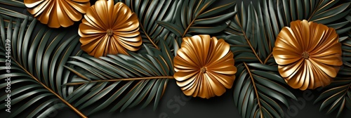 A mesmerizing display featuring a lavish black background complemented by lush dark green tropical leaves and vivid gold hibiscus flowers, exuding opulence and sophistication. Panoramic Composition © Dipsky
