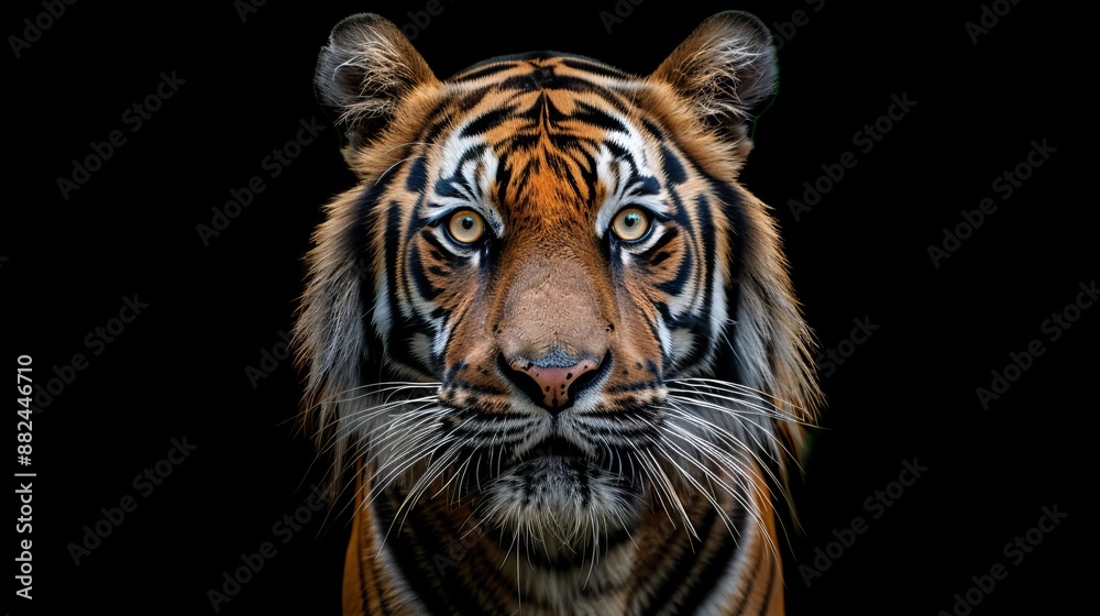 Fototapeta premium A stunning photograph of a tiger facing the camera directly, capturing its intense and majestic presence with detailed fur patterns and a strong, piercing gaze.