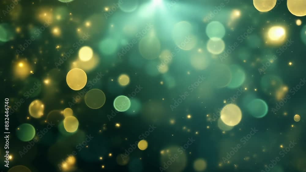 Christmas luxury abstract dark green background with golden blurred glitter lights and sparkles. Festive backdrop with copy space for holiday, birthday, New Year, St Patrick's Day. Motion animation