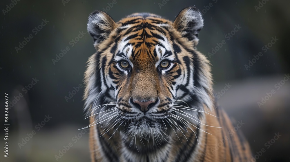 A tiger intensely staring with a dark, blurred background, demonstrating its predatory nature and profound focus, surrounded by its natural habitat elements. A tiger intensely staring with a dark, blurred background, demonstrating its predatory nature and profound focus, surrounded by its natural habitat elements.