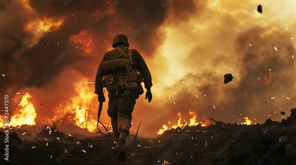 Fototapeta premium A soldier walks through a fiery battlefield at dusk, surrounded by flames and smoke, capturing the intensity and chaos of war in a powerful and emotional scene.