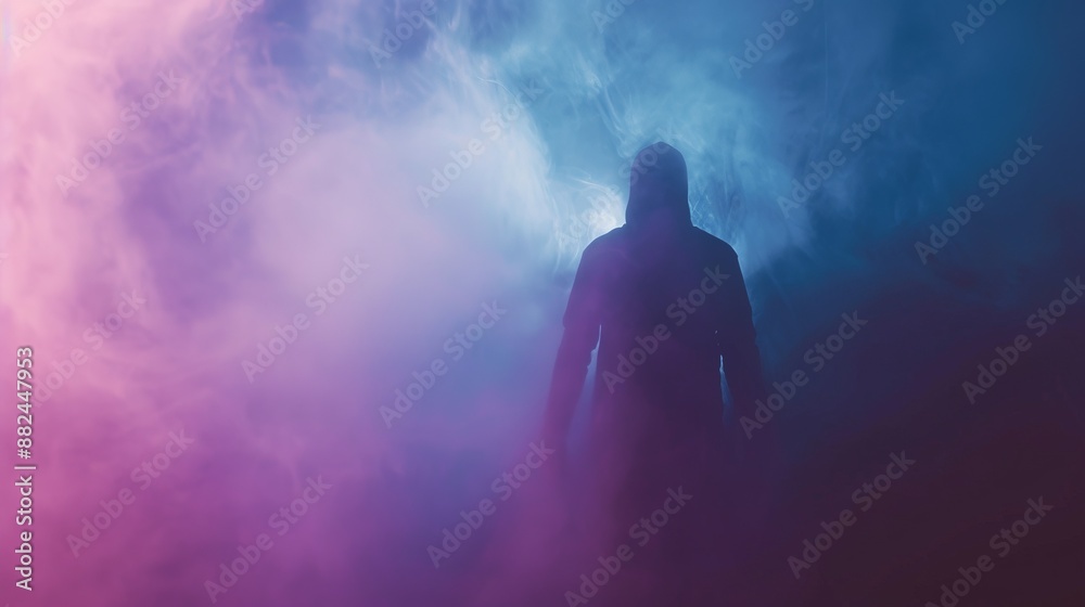 This image features a solitary figure engulfed in a smoky environment, highlighted by a soft blue glow, evoking a sense of mystery and intrigue. This image features a solitary figure engulfed in a smoky environment, highlighted by a soft blue glow, evoking a sense of mystery and intrigue.