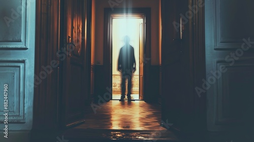 A shadowy figure stands in an open doorway with bright light shining from behind them, creating a mysterious and eerie atmosphere in an old, dimly lit hallway.
