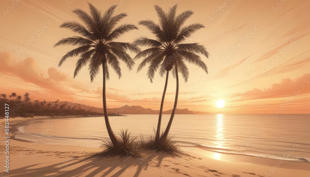 Tropical island with a palm tree at sunset. HDRI, environment map, Round panorama, spherical panorama, equidistant projection, panorama 360, seascape, 3d rendering Tropical island with a palm tree at sunset. HDRI, environment map, Round panorama, spherical panorama, equidistant projection, panorama 360, seascape, 3d rendering