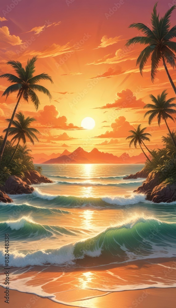 Obraz premium Tropical island with a palm tree at sunset. HDRI, environment map, Round panorama, spherical panorama, equidistant projection, panorama 360, seascape, 3d rendering