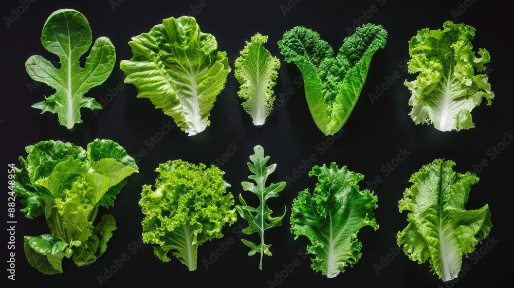 A close-up shot of fresh lettuce leaves arranged on a dark surface, great for food or nature photography A close-up shot of fresh lettuce leaves arranged on a dark surface, great for food or nature photography
