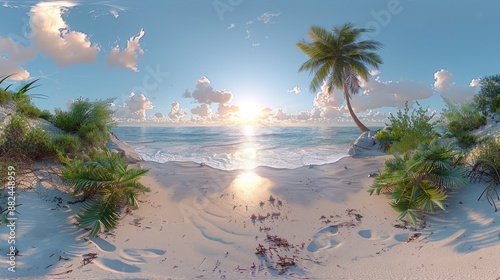 Tropical island with a palm tree at sunset. HDRI, environment map, Round panorama, spherical panorama, equidistant projection, panorama 360, seascape, 3d rendering