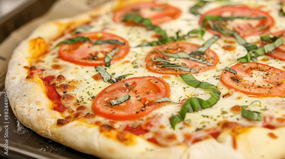 A cheesy pizza topped with fresh ingredients is perfect for a family dinner A cheesy pizza topped with fresh ingredients is perfect for a family dinner