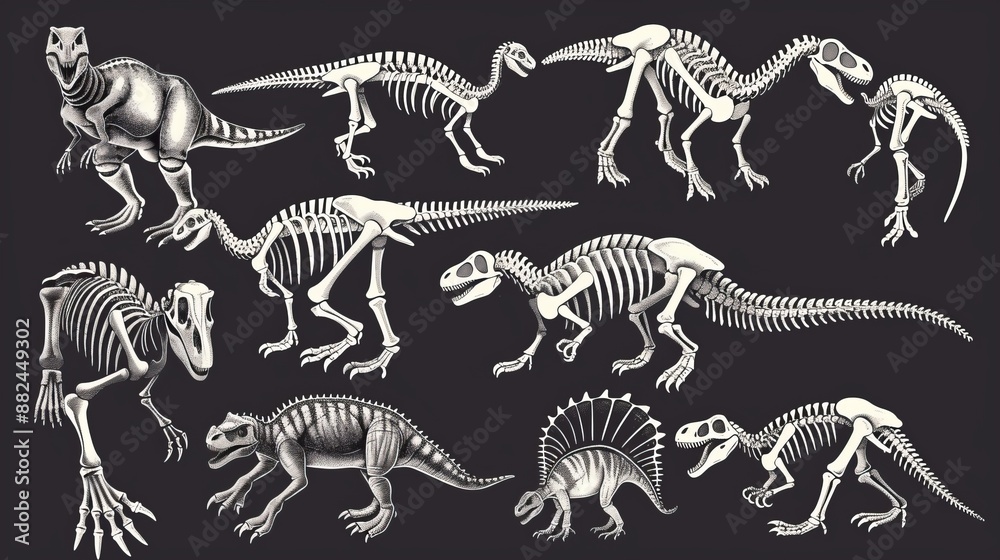 This image portrays various dinosaur skeletons illustrated in black and white, each showcasing unique anatomical features and characteristics from different dinosaur species. This image portrays various dinosaur skeletons illustrated in black and white, each showcasing unique anatomical features and characteristics from different dinosaur species.