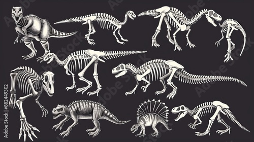 This image portrays various dinosaur skeletons illustrated in black and white, each showcasing unique anatomical features and characteristics from different dinosaur species.
