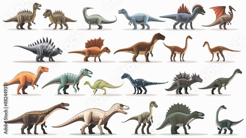 Fototapeta Naklejka Na Ścianę i Meble -  This colorful image showcases illustrations of various dinosaur species, each with distinct traits and characteristics, highlighting their diversity in a visually appealing manner.