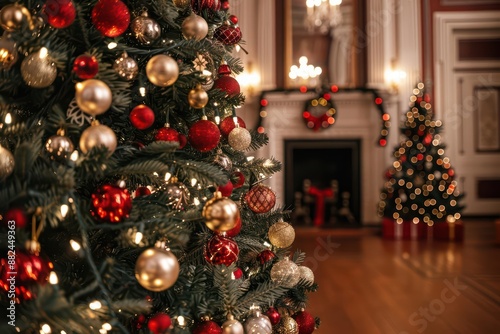 A sparkling Christmas tree stands as the centerpiece of holiday decorations, adorned with lights and ornaments