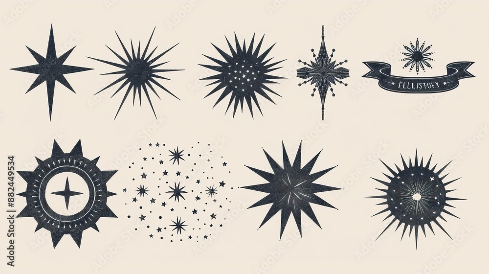 An array of abstract star and celestial designs on a peach backdrop. Each design combines artistic and cosmic elements, creating a mysterious and ethereal aesthetic. An array of abstract star and celestial designs on a peach backdrop. Each design combines artistic and cosmic elements, creating a mysterious and ethereal aesthetic.