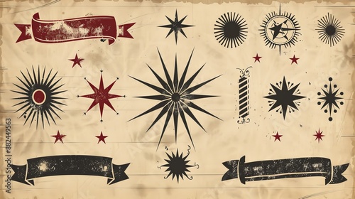 A collection of vintage star and banner illustrations on a parchment background, featuring intricate and ornate designs in red and black shades with a weathered look. photo
