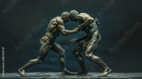 Bronze statue of two wrestlers frozen in a tight grapple, showcasing meticulous detail and lifelike portrayal of physical struggle and athletic form in an artistic and timeless style.