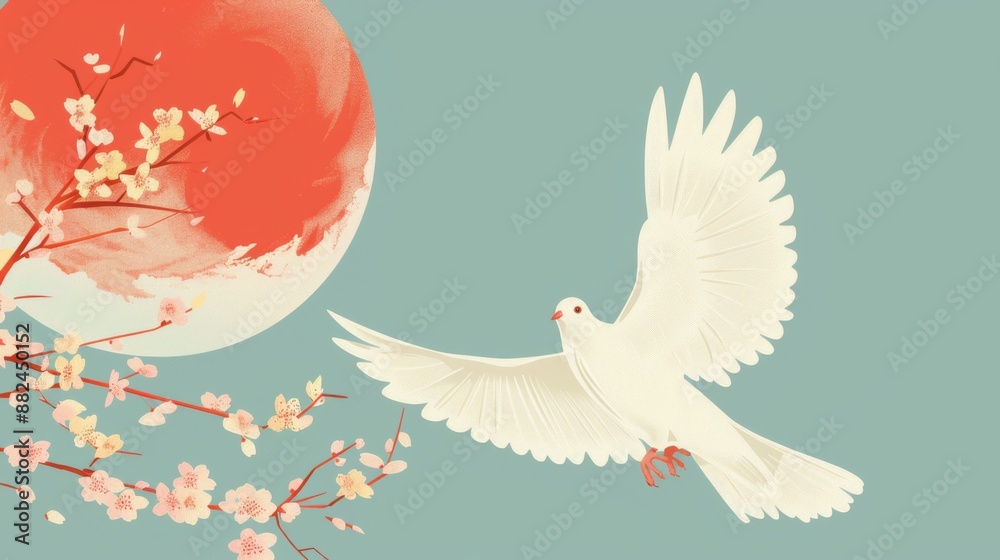 Obraz premium International day of peace. Horizontal banner. White dove flies against the background of the sun, flowers and blue sky. Flat illustration. Peace and freedom concept. Stop war. Free space for text