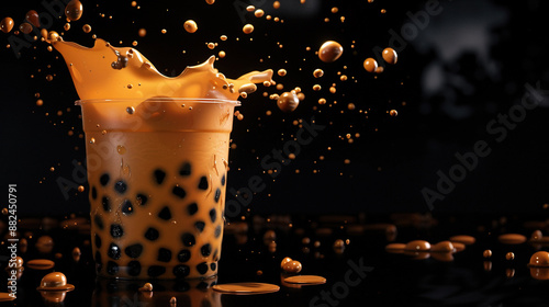 splash of boba tea in cup on black background photo