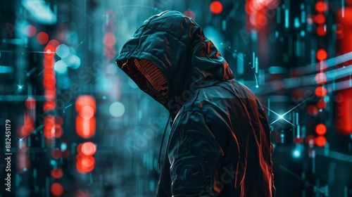 A mysterious hooded figure in a vivid, neon-lit cyber environment. The bright colors and digital aura evoke a sense of secrecy and advanced technology.