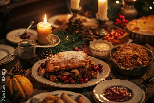 In a supernatural scene, a spectral banquet table was adorned with magical dishes of stuffing and cranberry sauce, complemented by the aroma of Christmas pudding and fruitcake