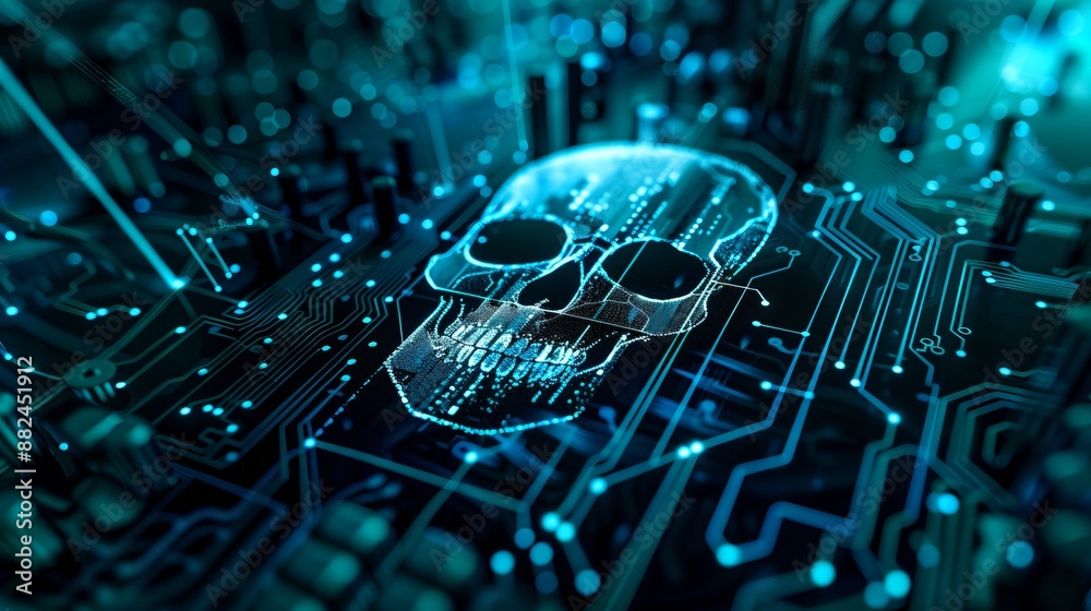 A skull symbol is illuminated on a complex circuit board, representing the dangerous and threatening nature of cyber warfare or digital apocalypse in a tech-driven world. A skull symbol is illuminated on a complex circuit board, representing the dangerous and threatening nature of cyber warfare or digital apocalypse in a tech-driven world.