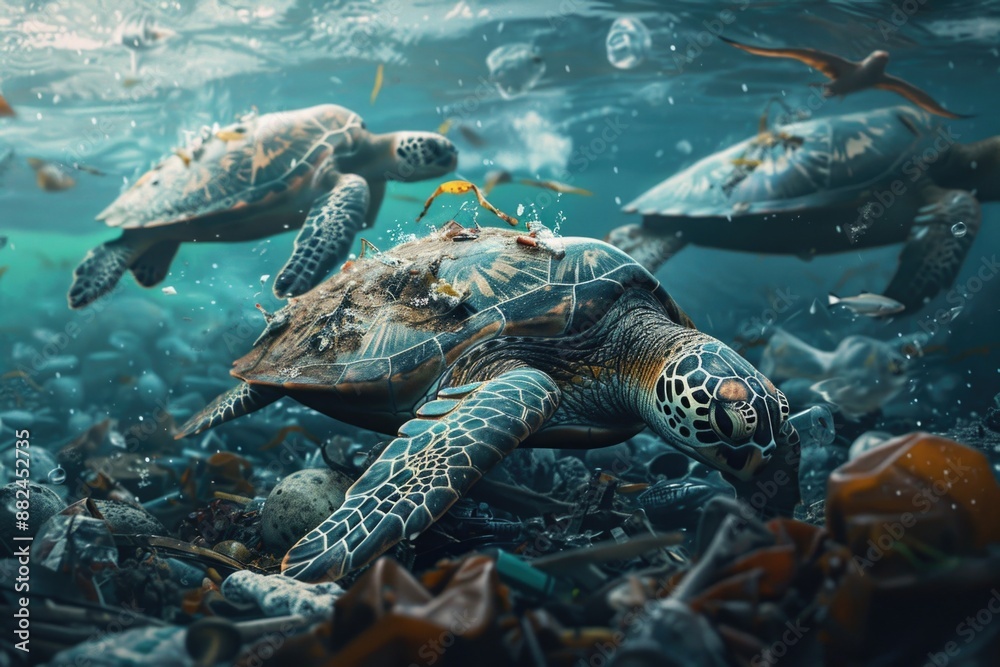 Fototapeta premium A group of sea turtles swimming together in the ocean, great for use as a background or to illustrate articles about marine life