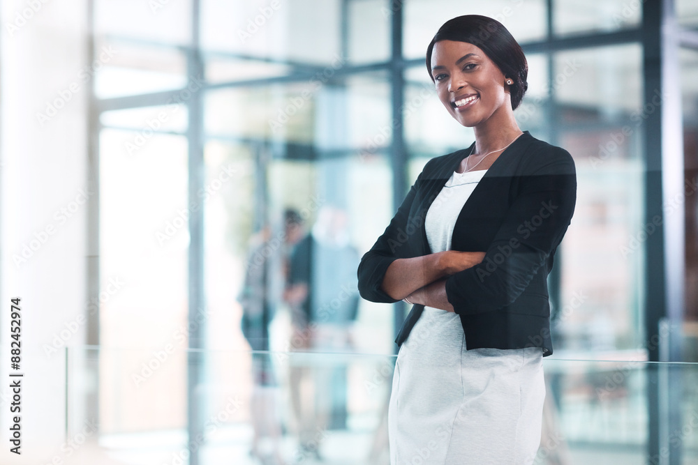 Black woman, business and confident portrait with law firm, attorney agency and pride for goals, vision and motivation. Happy lawyer, professional company employee and arms crossed in modern office Black woman, business and confident portrait with law firm, attorney agency and pride for goals, vision and motivation. Happy lawyer, professional company employee and arms crossed in modern office