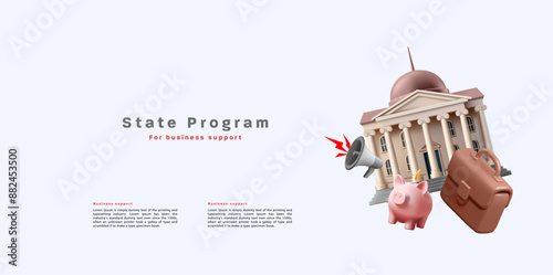3D, State building, administration, loudspeaker, piggy bank, briefcase. For the concepts of state programs for business support, lending, and interest rate reduction. Vector