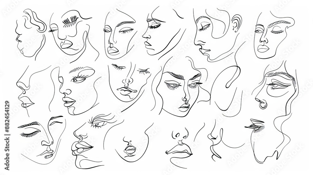 Fototapeta premium This image features various abstract continuous line art faces depicted in profile view, showcasing artistic expressions and the simplicity of line drawings.
