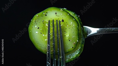 A simple image of a fork with a slice of cucumber resting on its prongs photo