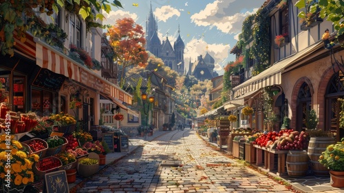 illustration capturing a picturesque European cityscape with iconic landmarks, cobblestone streets