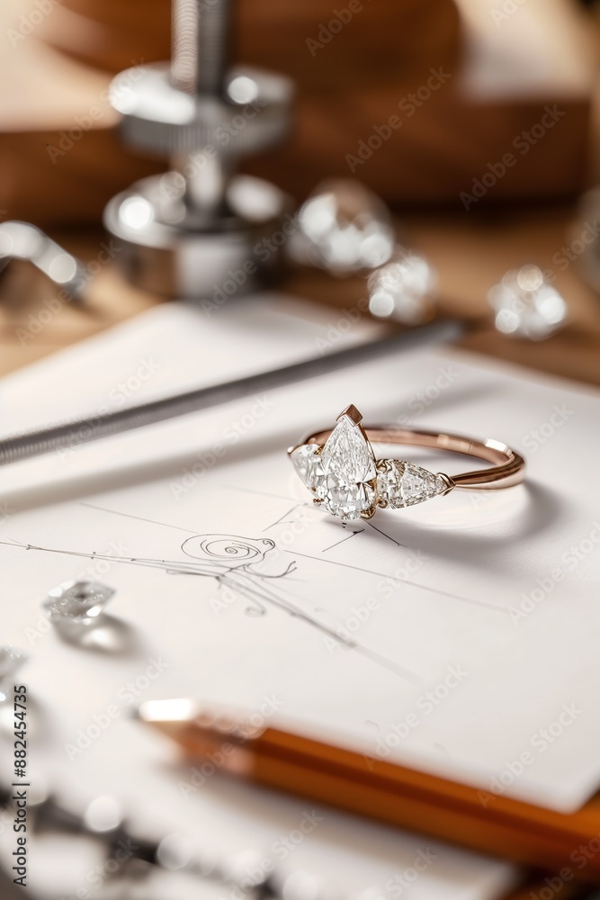 A detailed diamond ring placed on a jewelry design sketch, surrounded by jeweler's tools, showcasing the process of ring creation.
A detailed diamond ring placed on a jewelry design sketch, surrounded by jeweler's tools, showcasing the process of ring creation.
