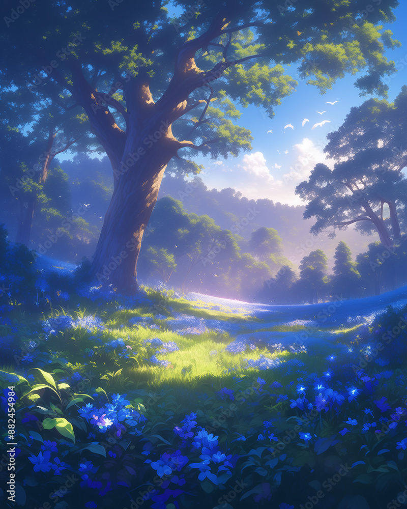 a mystical anime forest at dawn with rays of sunlight filtering through the trees, illuminating a carpet of blue wildflowers a mystical anime forest at dawn with rays of sunlight filtering through the trees, illuminating a carpet of blue wildflowers