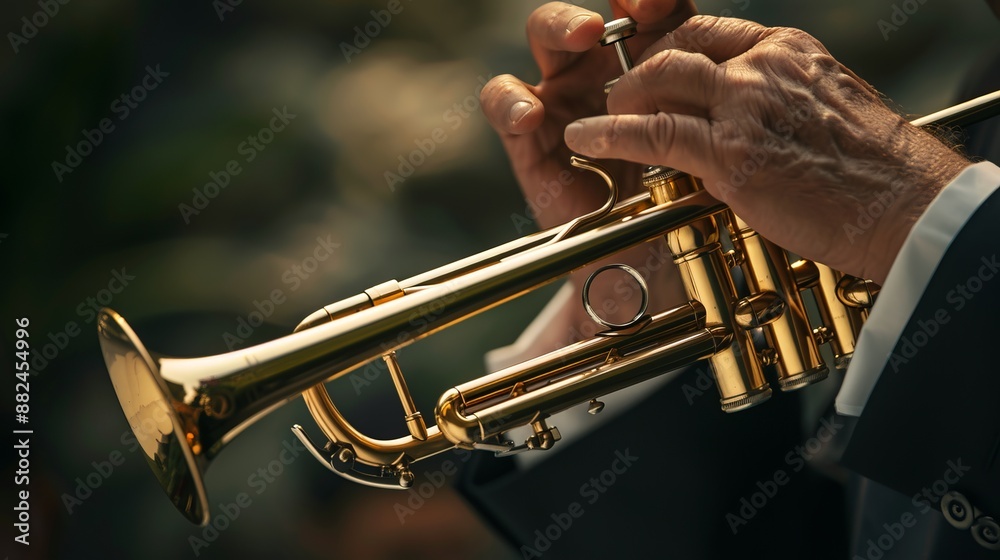 Obraz premium Close-up of a hand playing a shiny trumpet, capturing the intricacies of a professional musical performance. The background is softly blurred to highlight the instrument.