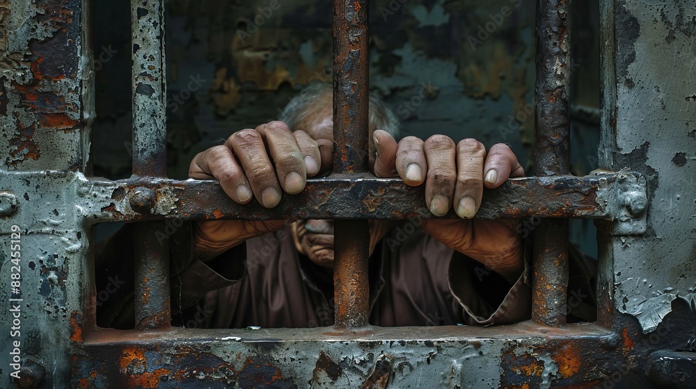 Elderly hands firmly holding onto rusty prison bars, reflecting the determination and resilience of an individual facing confinement and the passage of time. Elderly hands firmly holding onto rusty prison bars, reflecting the determination and resilience of an individual facing confinement and the passage of time.