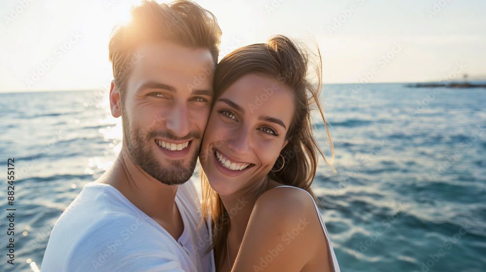 A man and woman are smiling at the camera on a beach A man and woman are smiling at the camera on a beach