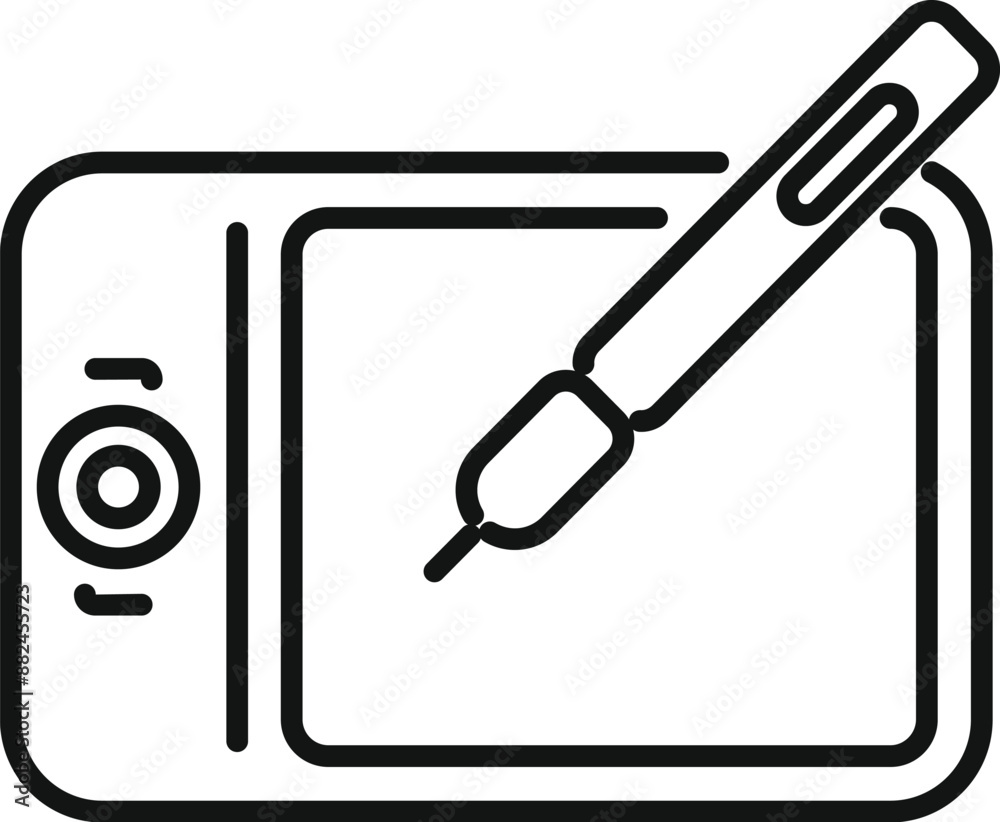 Line icon of a digital graphic tablet with a stylus drawing on the screen Line icon of a digital graphic tablet with a stylus drawing on the screen