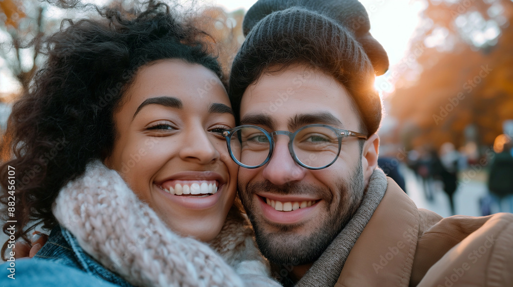 A man and woman are smiling at the camera, with the man wearing glasses A man and woman are smiling at the camera, with the man wearing glasses