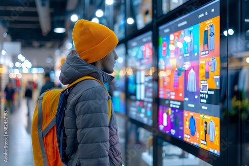 Customer choosing clothes online using interactive touchscreen in shopping mall