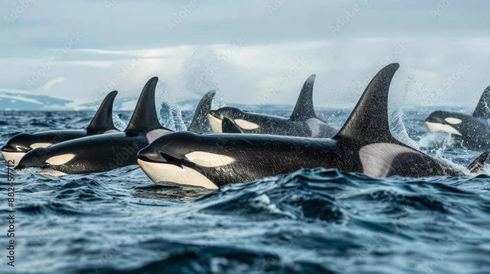 Naklejka premium Orcas swimming in the ocean.